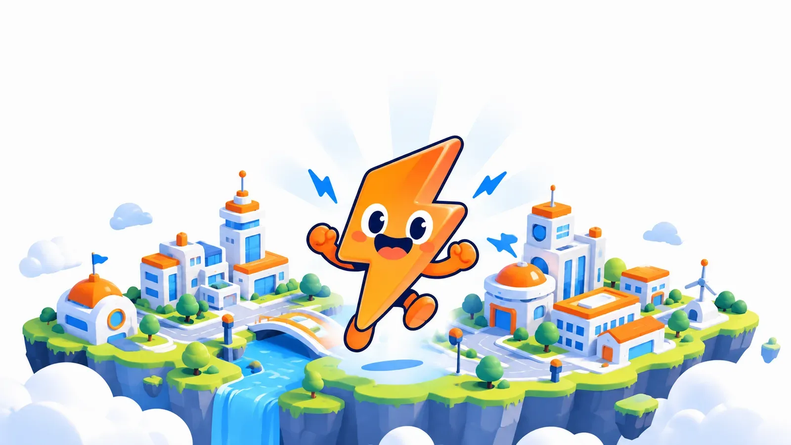Kilat, the studio's lightning mascot, jumping over a small floating city